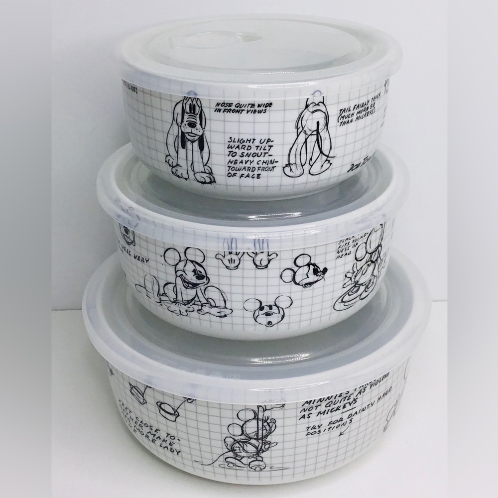 3 Ceramic Container Bowl Lids Disney Mickey Minnie Mouse Pluto Sketchbook New